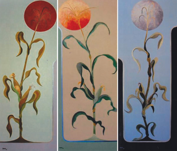 CORN STUDY Acrylic 16" x 48" August 2014 Triptych $1850